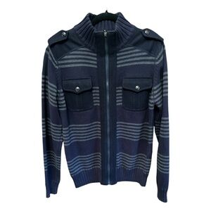 Vintage Cotton Wool Knit Jacket High Neck Knit Stripe Cardigan Pullover Zip Sz L